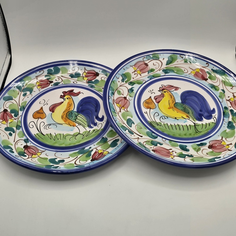2 Vietri Rooster Dinner Plate Italy 10.75" hand painted terracotta floral‎ Vtg